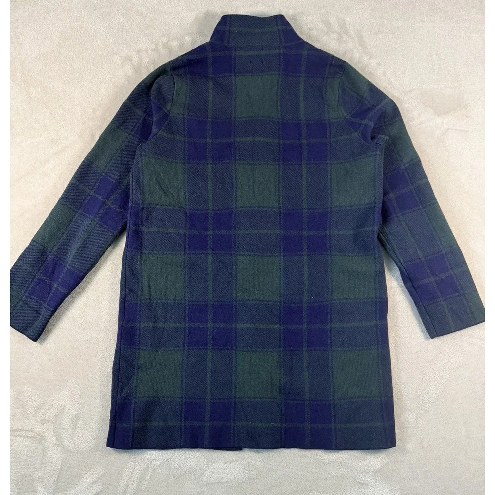 Anne Klein Plaid Sweater Jacket Womens Medium Blue Green Tartan Zip Up Mock Neck